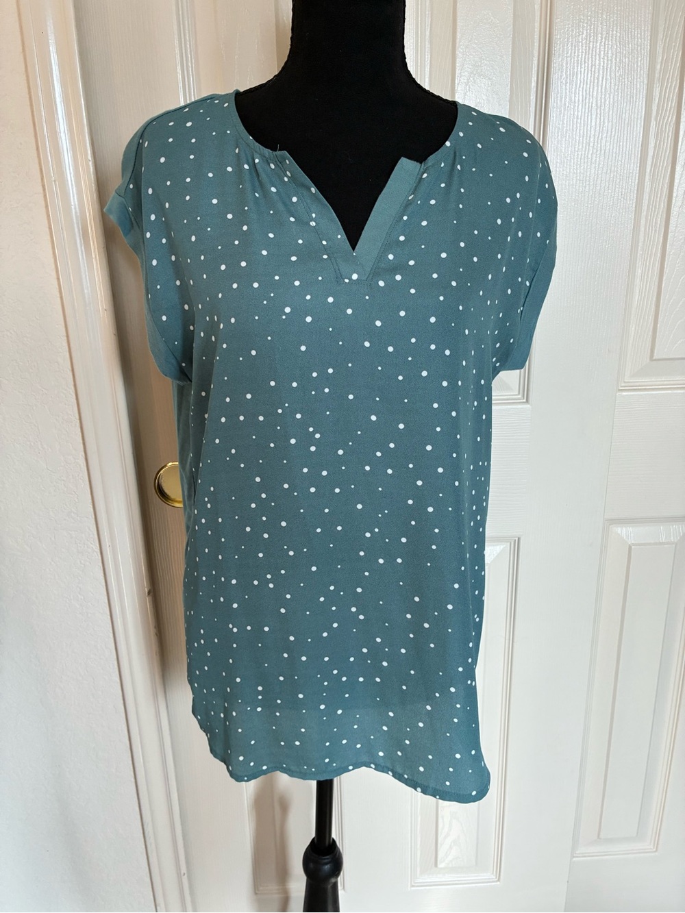 Papermoon Teal Polka Dot Split V-Neck Cap Sleeve Blouse